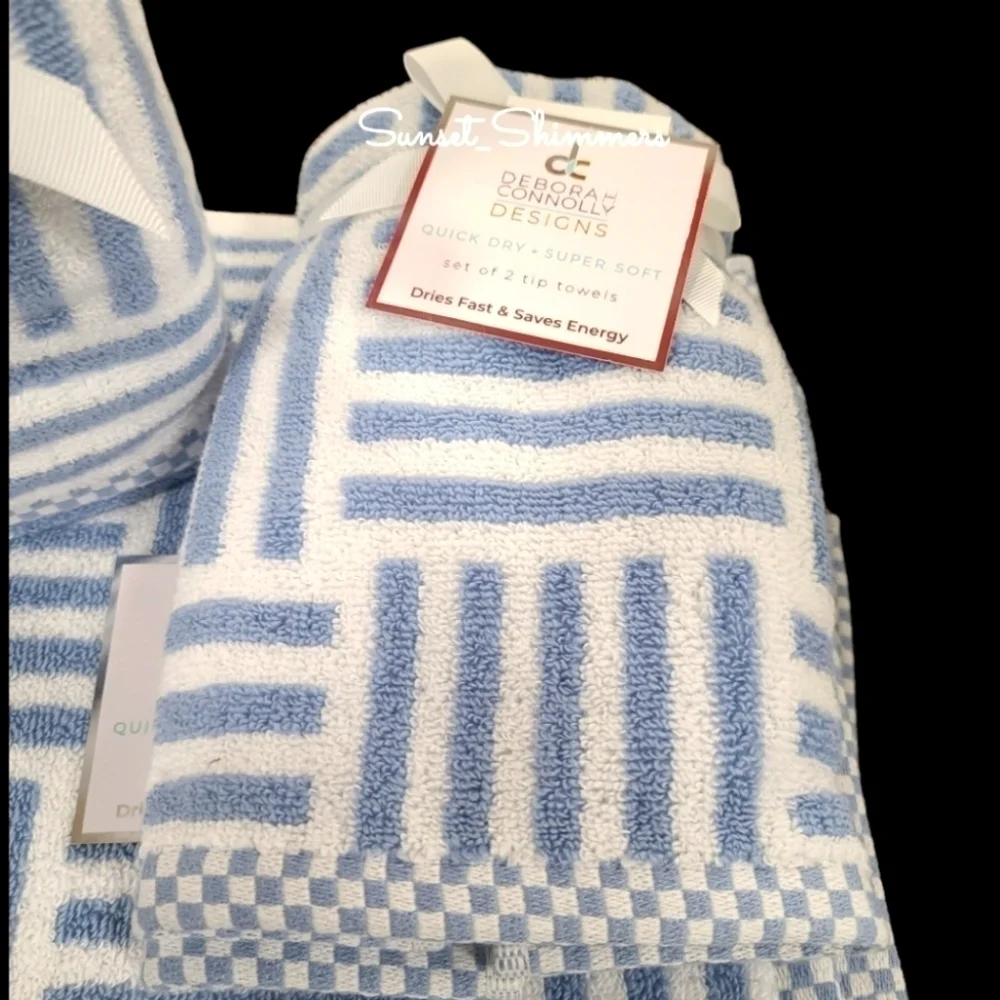 6pc Blue & White Nautical Stripe BATH Hand Tip Towel Set Deborah Connolly New